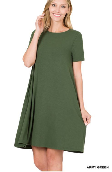 Army Green Short-sleeve Flare Dress