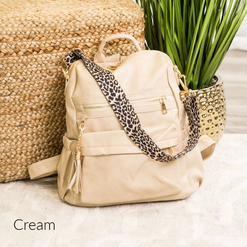 Madi Cream Leopard Strap Backpack Bag
