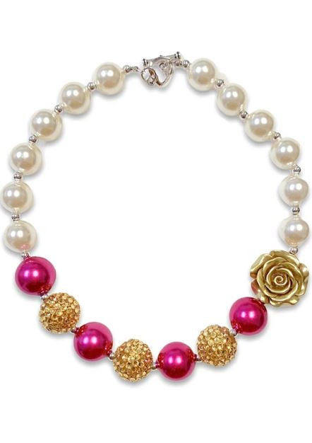 Girls' Fuchsia, Gold, & Pearl Rose Chunky Necklace