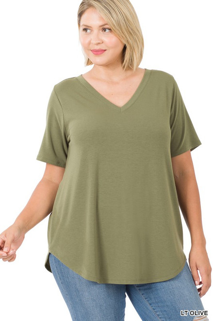 Light Olive Vneck Round Hem Plus Top