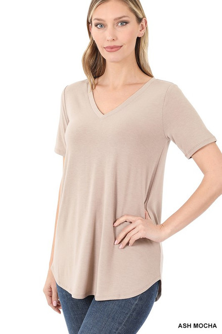 Ash Mocha Vneck Round Hem Top