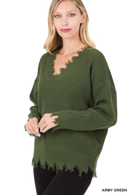 Army Green Distressed Sweater