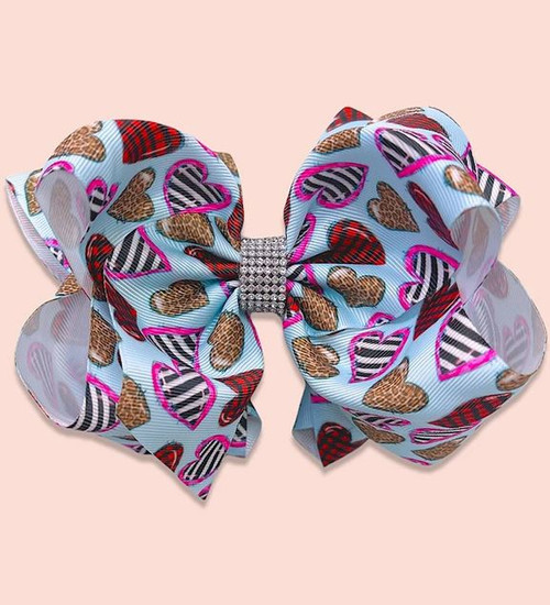 7.5" Printed Hearts Rhinestone Hairbow