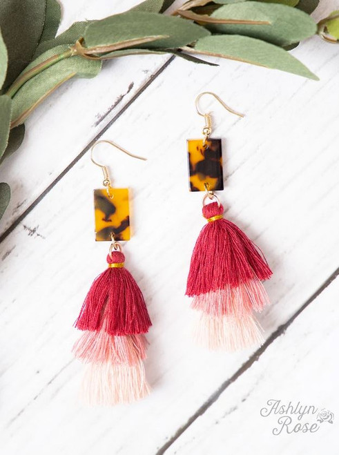 Dark Red Leopard Marble Tassel Earrings