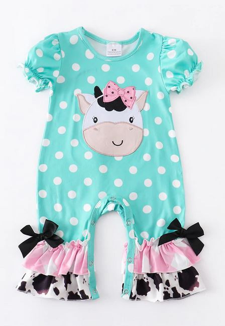 Infant Girls' Mint Polka-dot Cow Ruffled Romper