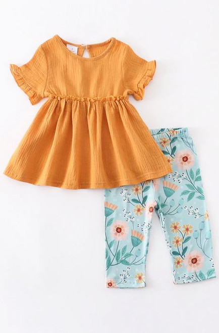Girls' Mustard Floral Ruffle Capri Set