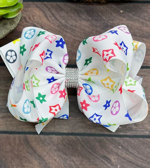 7.5" White Multicolor Stars Rhinestone Hairbow