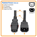 Eaton Tripp Lite Heavy-Duty PDU Power Cord – Locking C13 to C14, 6 ft (1.83m), 15A, 250V