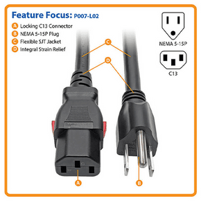 Eaton Tripp Lite Power Cord – NEMA 5-15P to Locking C13, 2 ft (0.61m), 15A, 125V