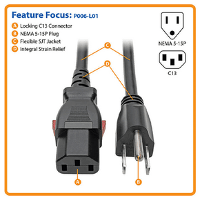 Eaton Tripp Lite Power Cord – NEMA 5-15P to Locking C13, 1 ft (0.31m), 10A, 125V