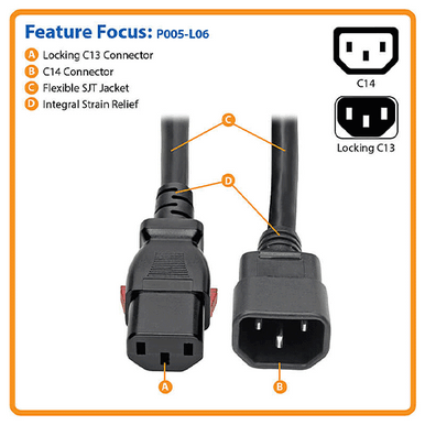 Eaton Tripp Lite Heavy-Duty PDU Power Cord – Locking C13 to C14, 6 ft (1.83m), 15A, 250V