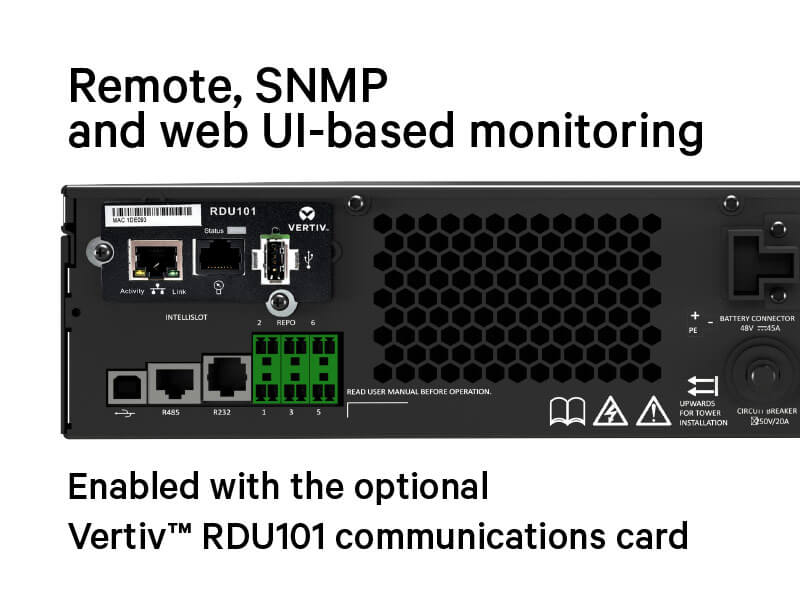 Image of back of GXT5 with text that says Remote, SNMP and web UI-based monitoring