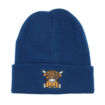 Highland Coo Embroidered Beanie Ink Blue
