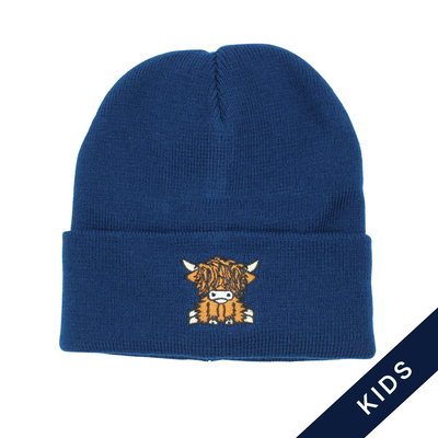 Kids Highland Coo Embroidered Beanie Ink Blue
