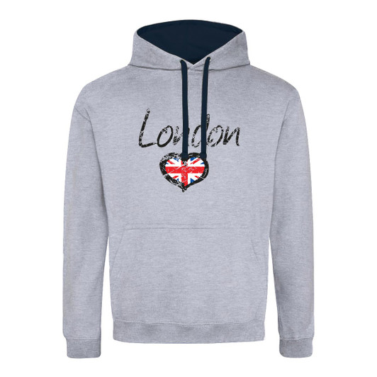 Distressed London with Union Jack Heart Contrast Hoodie