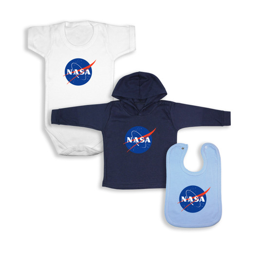 NASA Babywear Bundle - White SS Bodysuit / Navy LS Hoodie / Blue Bib