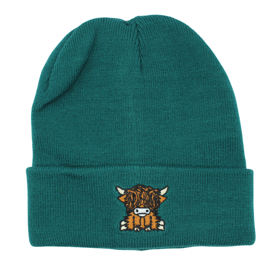 Highland Coo Embroidered Beanie Moss Green