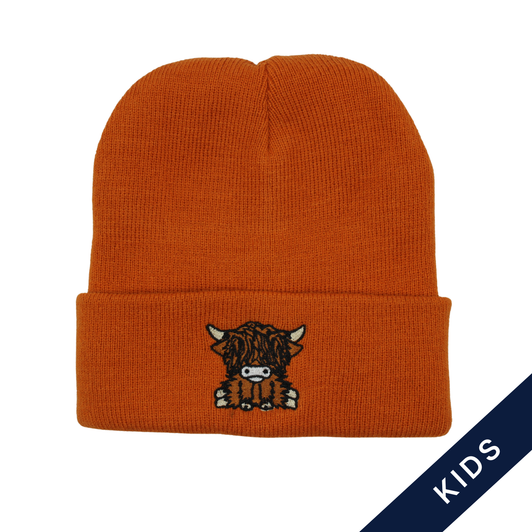 Kids Highland Coo Embroidered Beanie Burnt Orange