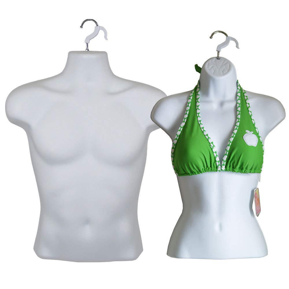 Male + Female Mannequin Torsos FLESH + 2 Stands + 2 Hooks for Hanging