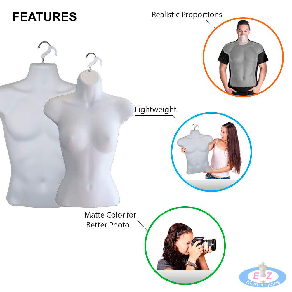 Male + Female Mannequin Torsos FLESH + 2 Stands + 2 Hooks for Hanging