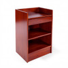 Cherry-finish wood register stand with a top drawer and two open lower shelves, angled front view.