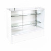 White laminate showcase, front view, two clear glass shelves held by metal shelf brackets and rear slotted uprights