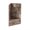 Same corner filler in weathered brown reclaimed-plank finish, showing knot detail and metal shelf support pins