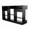 Black laminate retail counter, rear view showing open storage cubbies and glass end display with tempered shelves.