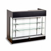 Black wood counter showcase with glass front, two glass shelves, and locking storage base.