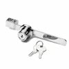 Chrome sliding showcase lock with ridged bar and two keys on a ring.