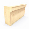 Maple laminate reception cash wrap counter with raised ledge top, angled front view.