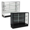 Two extra vision aluminum showcases with glass shelves, one silver and one black frame.