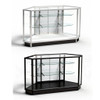 Two extra vision glass corner showcases, one silver and one black, each with angled glass shelves.