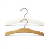 Two child-size hangers in white and natural wood finish, chrome swivel hooks and shoulder notches for straps