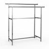 Chrome garment rack with two parallel offset hangrails on height-adjustable uprights with punched holes and leveler feet