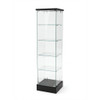 Frameless glass tower with four tempered shelves on metal clips, black top cap and pedestal base