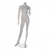 Matte white headless female mannequin in bent-arm pose on a round chrome base.