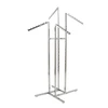 Chrome 4-way clothing rack with four slanted arms and square tubing on a cross base.