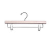 Natural wooden pant and skirt hanger with chrome hook and white clips