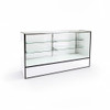 White case with black edge trim, showing frameless glass top and slotted shelf standards inside