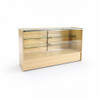 Maple wood-grain finish variant, aluminum-framed glass top and two floating glass shelves