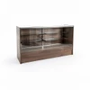 Dark walnut wood-grain finish showing metal shelf brackets and glass top on angled view