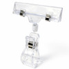 Clear acrylic sign clip with dual chrome-spring jaws atop a swivel joint and spring-loaded base clamp for shelf edges