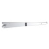 Chrome shelf bracket, side profile with knurled thumbscrew and twin-slot tabs for standard slotted uprights, upturned lip end
