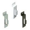 Three flat metal slatwall hooks in chrome, white and black, each with a picture notch slot and slatwall insert tab