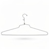 Chrome wire hanger with open swivel hook and small size-marker loop below coiled neck, flat shirt profile