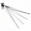 Chrome slatwall shelf bracket shown at multiple angles, slatwall hook back plate with upturned tip for shelf support