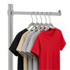 Twist-on 16-inch display arm mounted on square tubing rack holding multiple t-shirts on hangers