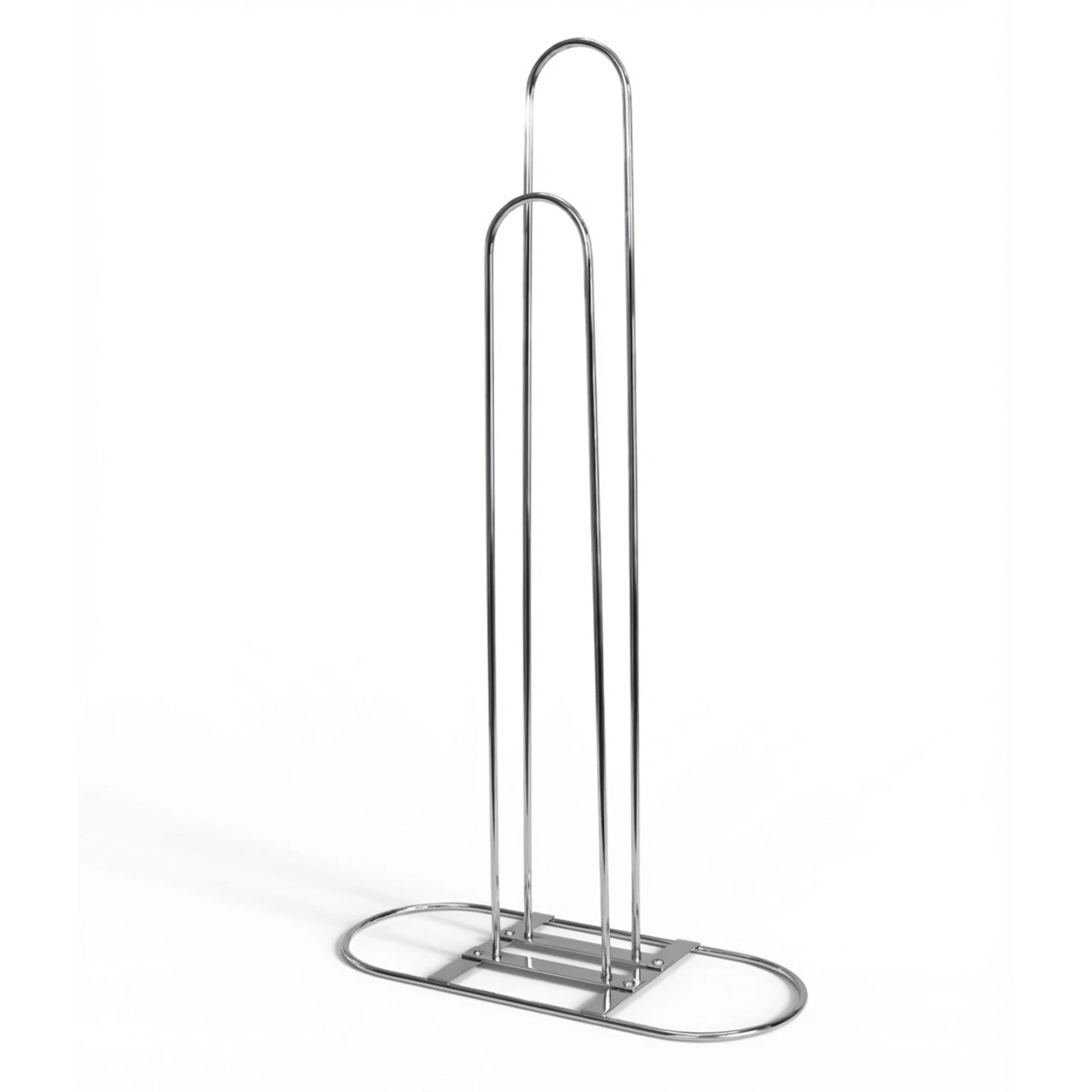 Chrome wire hanger stacker with dual U-shaped tube uprights on an oval base and central mounting bracket