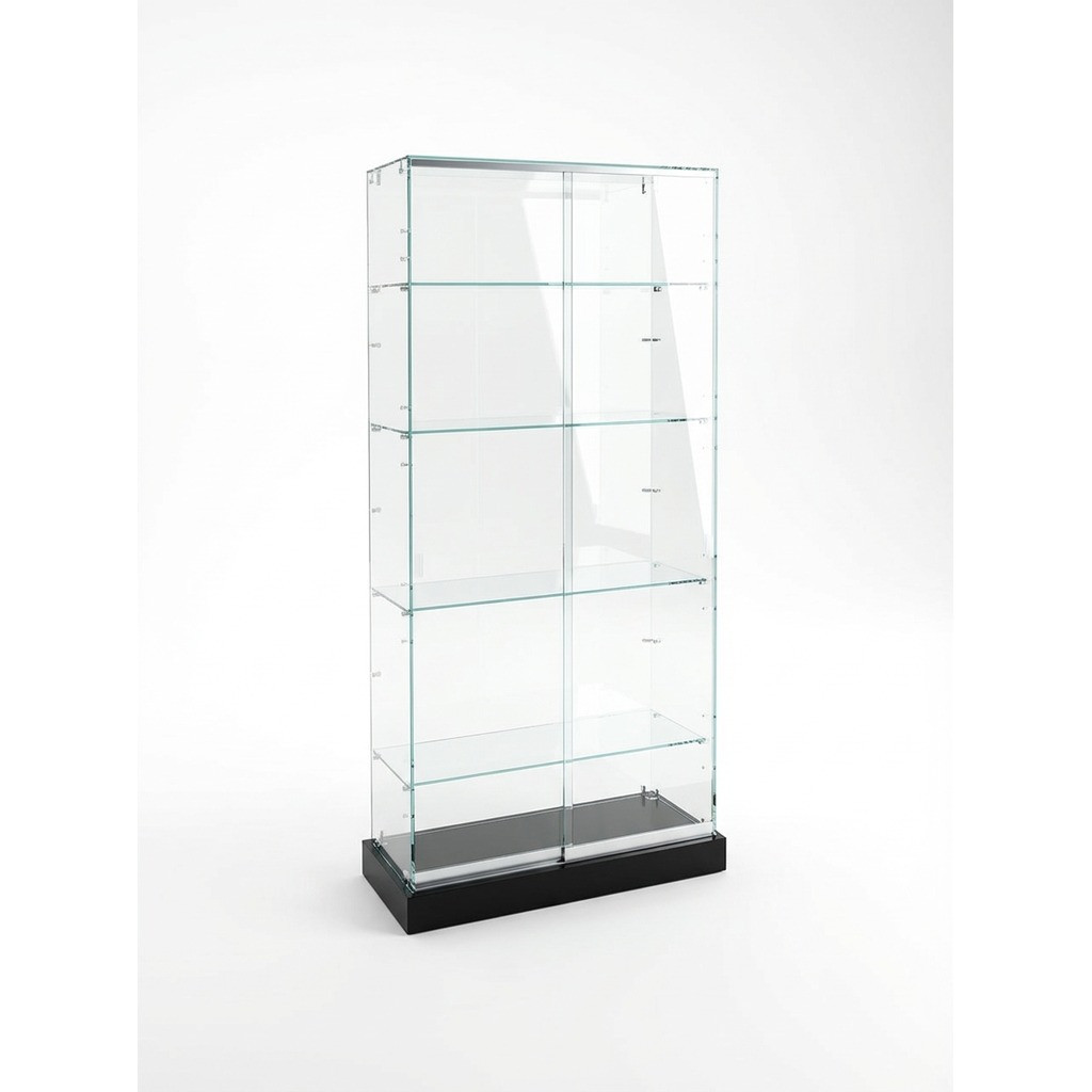 Frameless glass tower with five tempered shelves, sliding front doors, and black laminate base plinth.